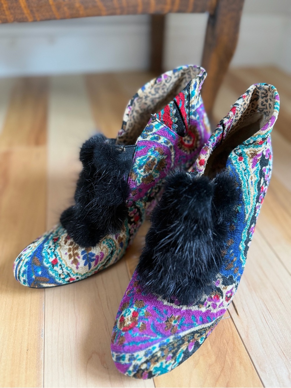 Baci Baroque Revival Tapestry Booties Black Fur Trim Vintage Inspired Shoes, 8 - Picture 5 of 14